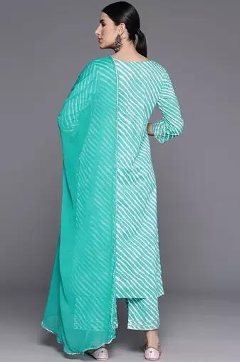 Women Leheriya Striped Regular Gotta Patti Cotton Kurta with Trousers & Dupatta