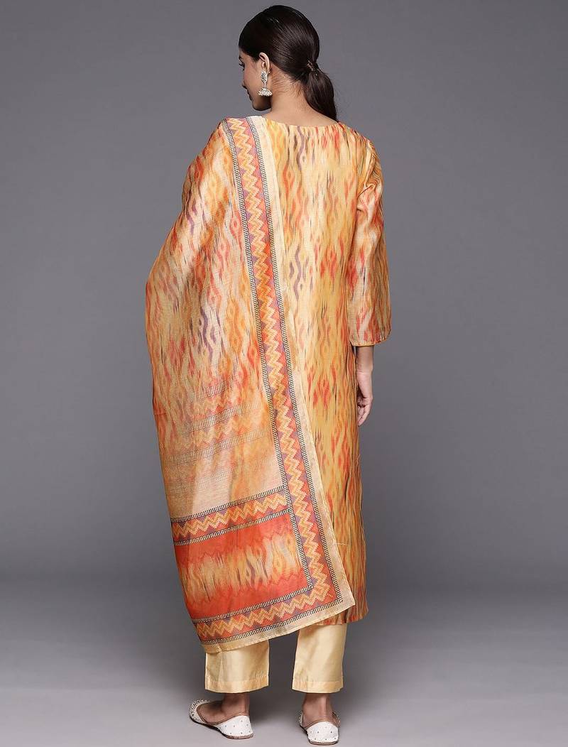 Women Printed Regular Chanderi Silk Kurta with Trousers & With Dupatta