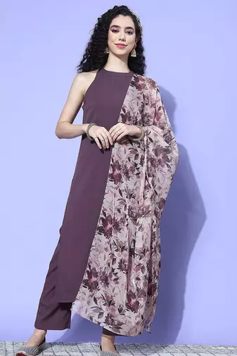 Regular Halter Neck Kurta with Trousers & Dupatta