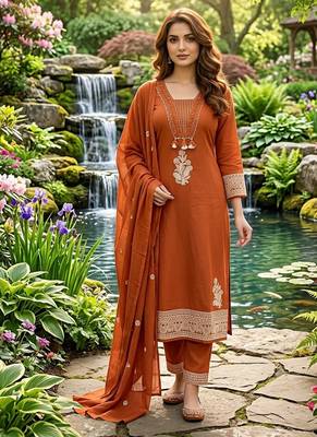 rust orange ethnic embroidered cotton straight kurta set with dupatta 1