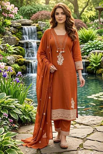 rust orange ethnic embroidered cotton straight kurta set with dupatta
