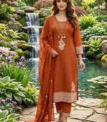 rust orange ethnic embroidered cotton straight kurta set with dupatta