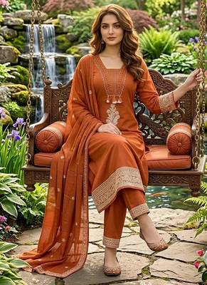 rust orange ethnic embroidered cotton straight kurta set with dupatta 2