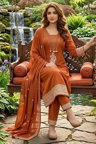rust orange ethnic embroidered cotton straight kurta set with dupatta