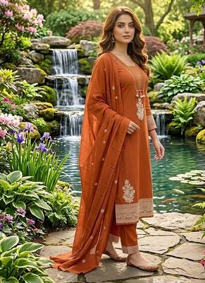 rust orange ethnic embroidered cotton straight kurta set with dupatta 3