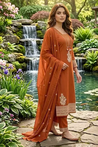 rust orange ethnic embroidered cotton straight kurta set with dupatta