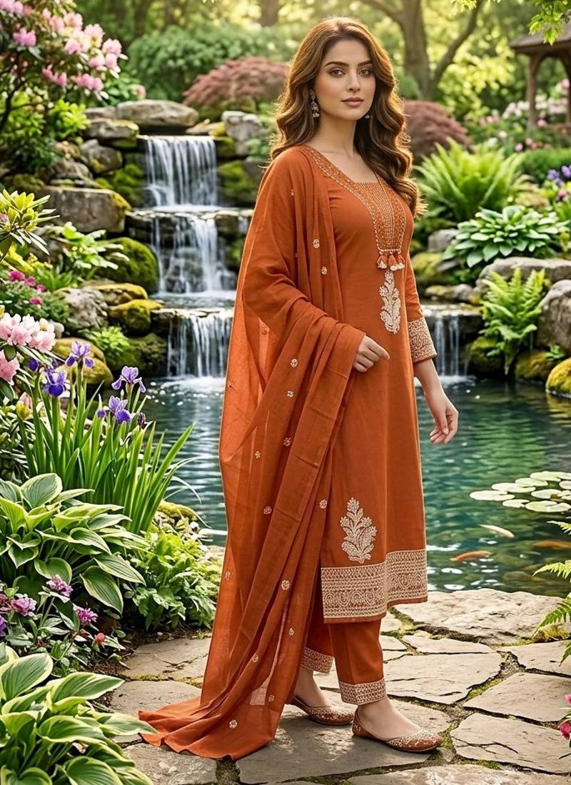 rust orange ethnic embroidered cotton straight kurta set with dupatta