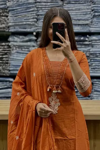 rust orange ethnic embroidered cotton straight kurta set with dupatta
