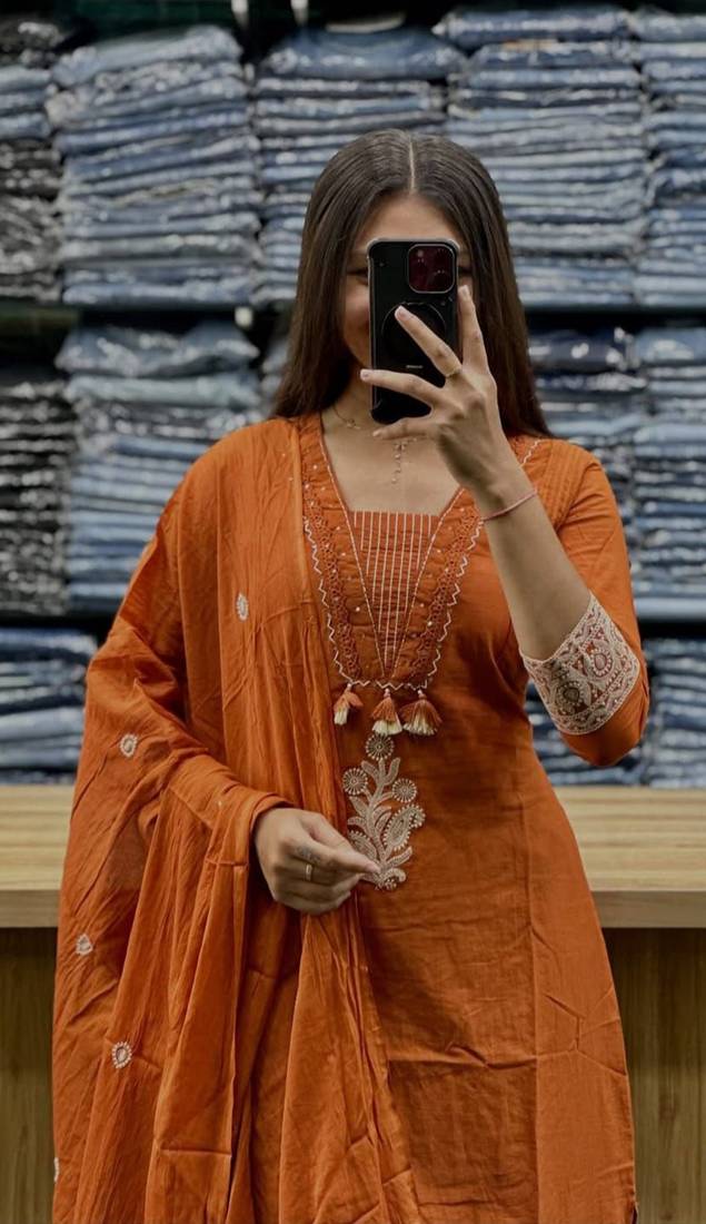 rust orange ethnic embroidered cotton straight kurta set with dupatta