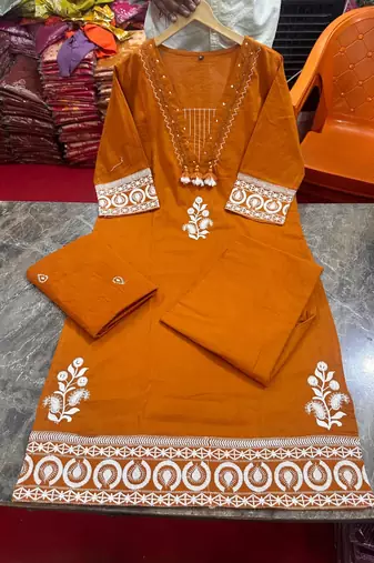 rust orange ethnic embroidered cotton straight kurta set with dupatta
