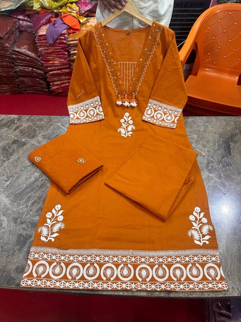 rust orange ethnic embroidered cotton straight kurta set with dupatta