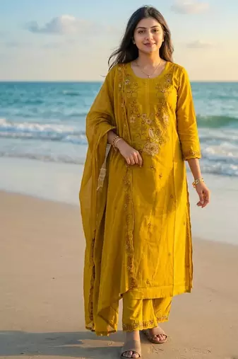 Beautiful jaipuri mustard yellow floral embroidered cotton straight kurta set with dupatta.