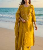 mustard yellow floral embroidered cotton straight kurta set with dupatta.