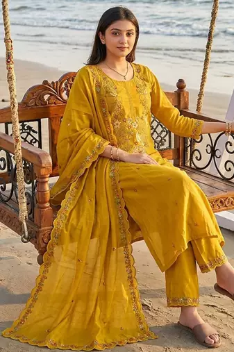Beautiful jaipuri mustard yellow floral embroidered cotton straight kurta set with dupatta.