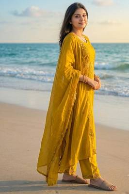 mustard yellow floral embroidered cotton straight kurta set with dupatta. 3