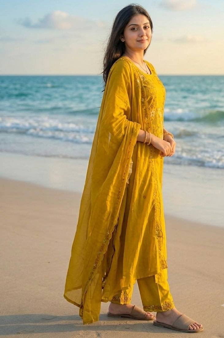 mustard yellow floral embroidered cotton straight kurta set with dupatta.