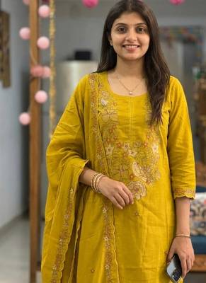 mustard yellow floral embroidered cotton straight kurta set with dupatta. 4