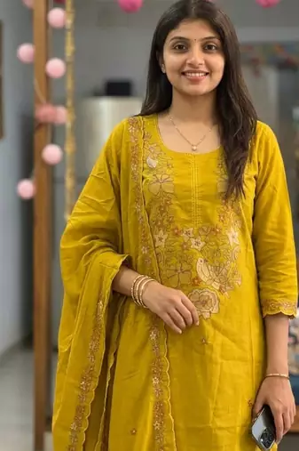 Beautiful jaipuri mustard yellow floral embroidered cotton straight kurta set with dupatta.