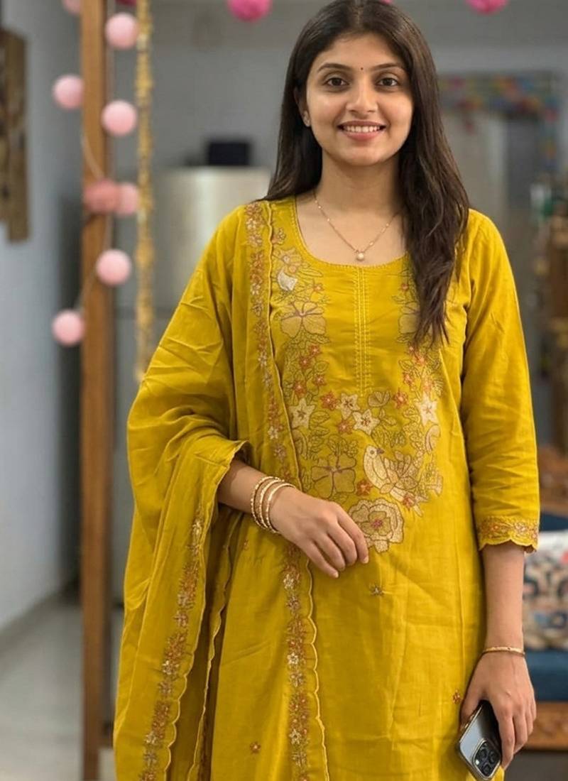 mustard yellow floral embroidered cotton straight kurta set with dupatta.