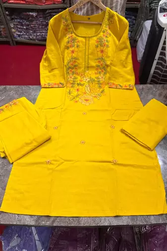 Beautiful jaipuri mustard yellow floral embroidered cotton straight kurta set with dupatta.