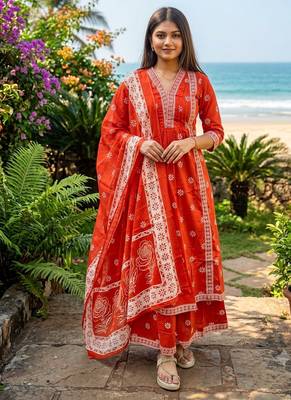 Beautiful jaipuri orange floral printed cotton v-neck anarkali kurta pant dupatta set 1