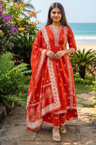 Beautiful jaipuri orange floral printed cotton v-neck anarkali kurta pant dupatta set