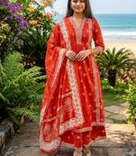 Beautiful jaipuri orange floral printed cotton v-neck anarkali kurta pant dupatta set