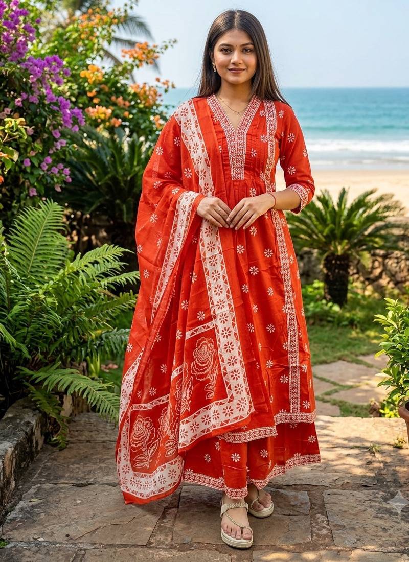 Beautiful jaipuri orange floral printed cotton v-neck anarkali kurta pant dupatta set