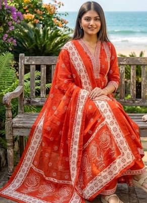 Beautiful jaipuri orange floral printed cotton v-neck anarkali kurta pant dupatta set 2