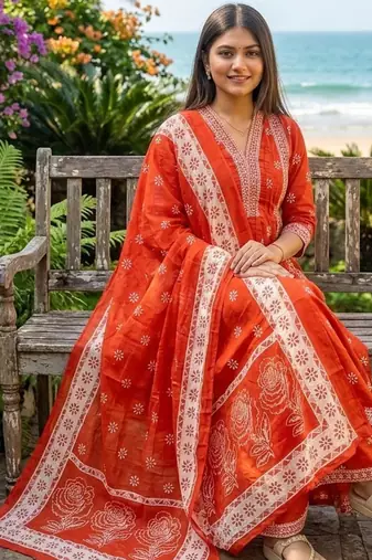 Beautiful jaipuri orange floral printed cotton v-neck anarkali kurta pant dupatta set