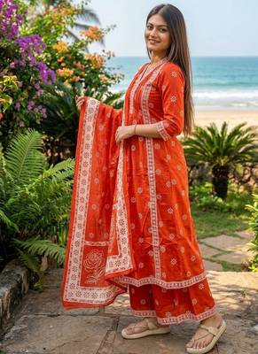 Beautiful jaipuri orange floral printed cotton v-neck anarkali kurta pant dupatta set 3