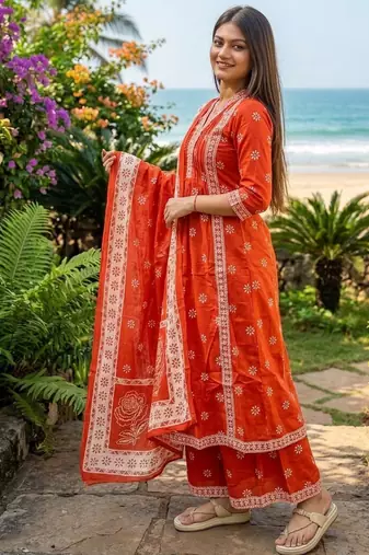 Beautiful jaipuri orange floral printed cotton v-neck anarkali kurta pant dupatta set