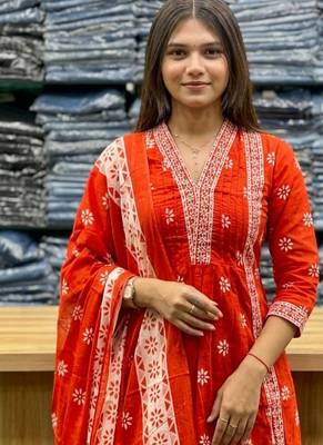 Beautiful jaipuri orange floral printed cotton v-neck anarkali kurta pant dupatta set 4