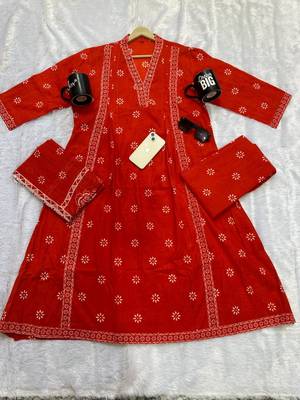 Beautiful jaipuri orange floral printed cotton v-neck anarkali kurta pant dupatta set 5