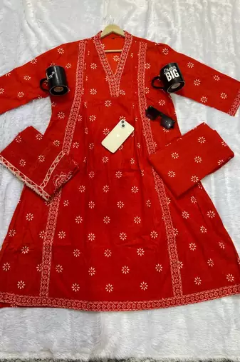 Beautiful jaipuri orange floral printed cotton v-neck anarkali kurta pant dupatta set
