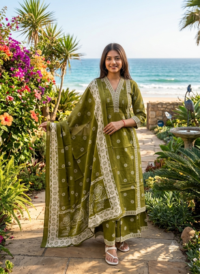 green floral printed cotton v-neck anarkali kurta pant dupatta set 1