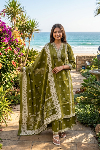 green floral printed cotton v-neck anarkali kurta pant dupatta set