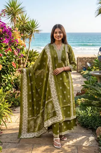 green floral printed cotton v-neck anarkali kurta pant dupatta set