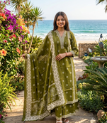 green floral printed cotton v-neck anarkali kurta pant dupatta set