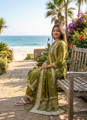 green floral printed cotton v-neck anarkali kurta pant dupatta set 2