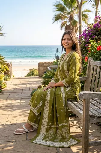 green floral printed cotton v-neck anarkali kurta pant dupatta set