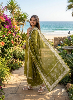 green floral printed cotton v-neck anarkali kurta pant dupatta set 3