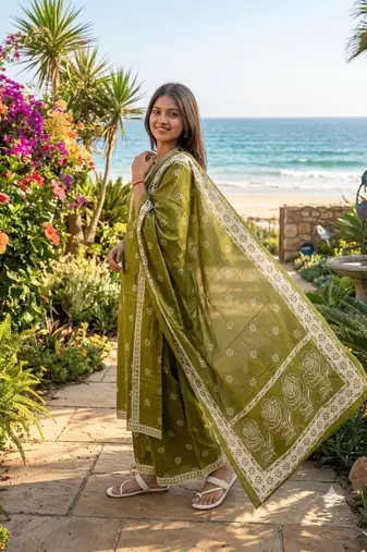 green floral printed cotton v-neck anarkali kurta pant dupatta set