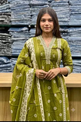 green floral printed cotton v-neck anarkali kurta pant dupatta set