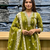 green floral printed cotton v-neck anarkali kurta pant dupatta set