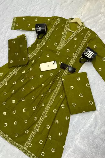 green floral printed cotton v-neck anarkali kurta pant dupatta set