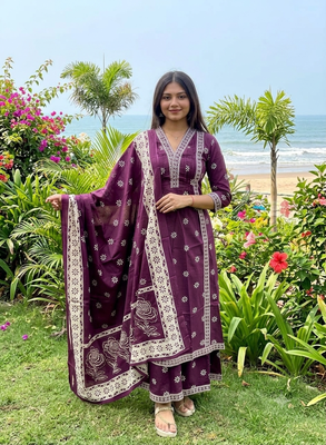 purple floral printed cotton v-neck anarkali kurta pant dupatta set 1