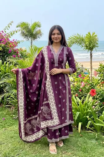 purple floral printed cotton v-neck anarkali kurta pant dupatta set