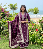 purple floral printed cotton v-neck anarkali kurta pant dupatta set