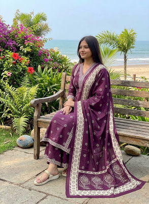 purple floral printed cotton v-neck anarkali kurta pant dupatta set 2